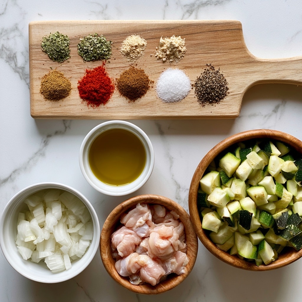 The image shows an overhead view of various cooking ingredients placed on a white marbled surface. On the top, a wooden serving board holds six small piles of spices, each labeled: dried oregano is green and leafy, garlic powder is light beige and powdery, paprika is bright red powder, cumin is brown and finely ground, salt is white and grainy, black pepper is coarsely ground with dark specks. Below the wooden board, from left to right, there are three white bowls and two wooden bowls: a white bowl with chopped onion, a white bowl with golden olive oil, a wooden bowl with light pink raw chicken pieces, and another wooden bowl filled with chopped green zucchini with a mix of light and dark green skin. The layout is neat and each ingredient is clearly shown. Photo taken with an iphone --ar 4:5 --v 7
