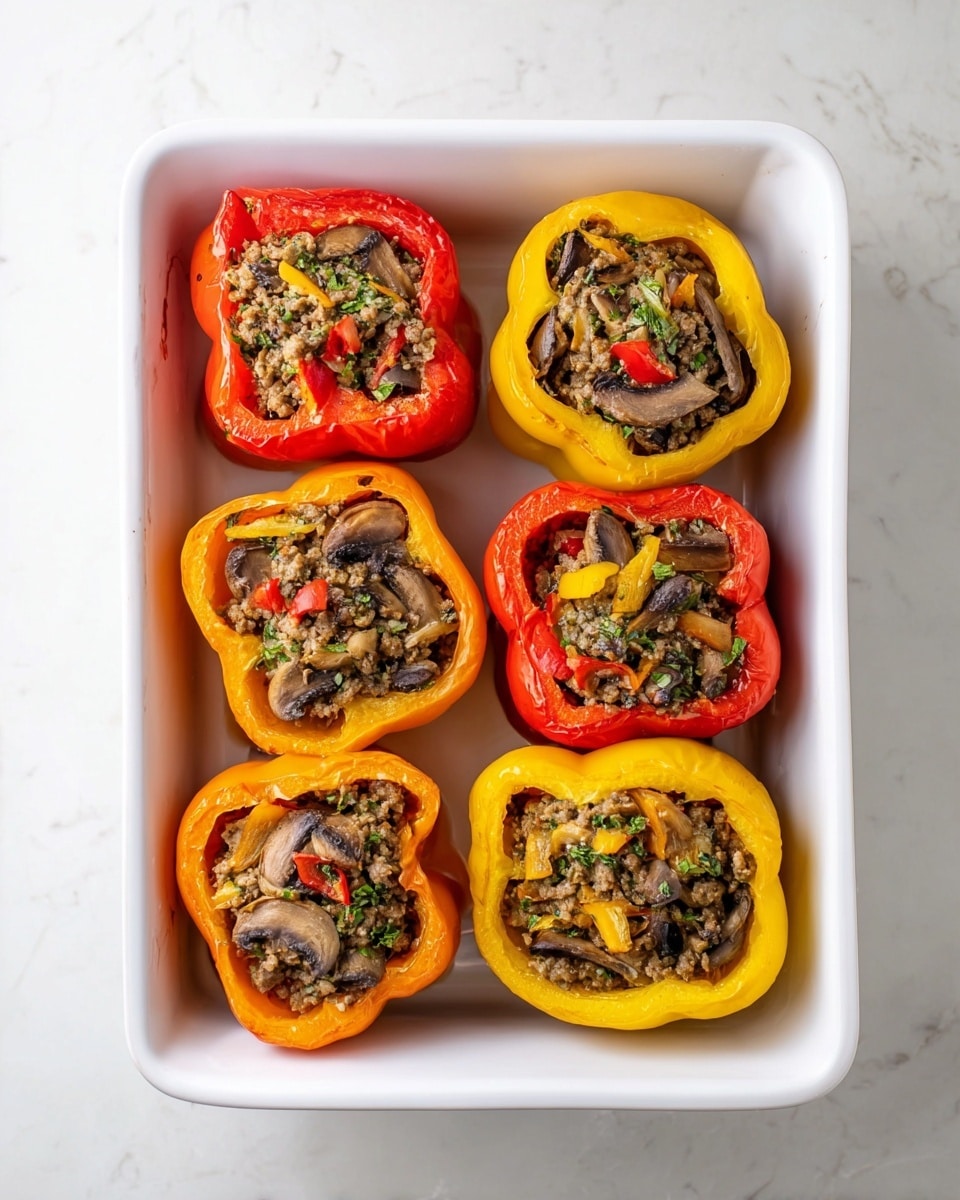 Six stuffed bell peppers are arranged evenly in two columns inside a white rectangular baking dish. Each pepper is halved and filled with layers of ground meat, sliced mushrooms, and small pieces of red and yellow bell peppers, all seasoned with green herbs. The bell peppers come in bright red, yellow, and orange colors, with their smooth and glossy skin forming the outer layer. The filling has a textured look with the ground meat being crumbly and the mushrooms soft and brown. The dish rests on a white marbled surface. Photo taken with an iphone --ar 4:5 --v 7