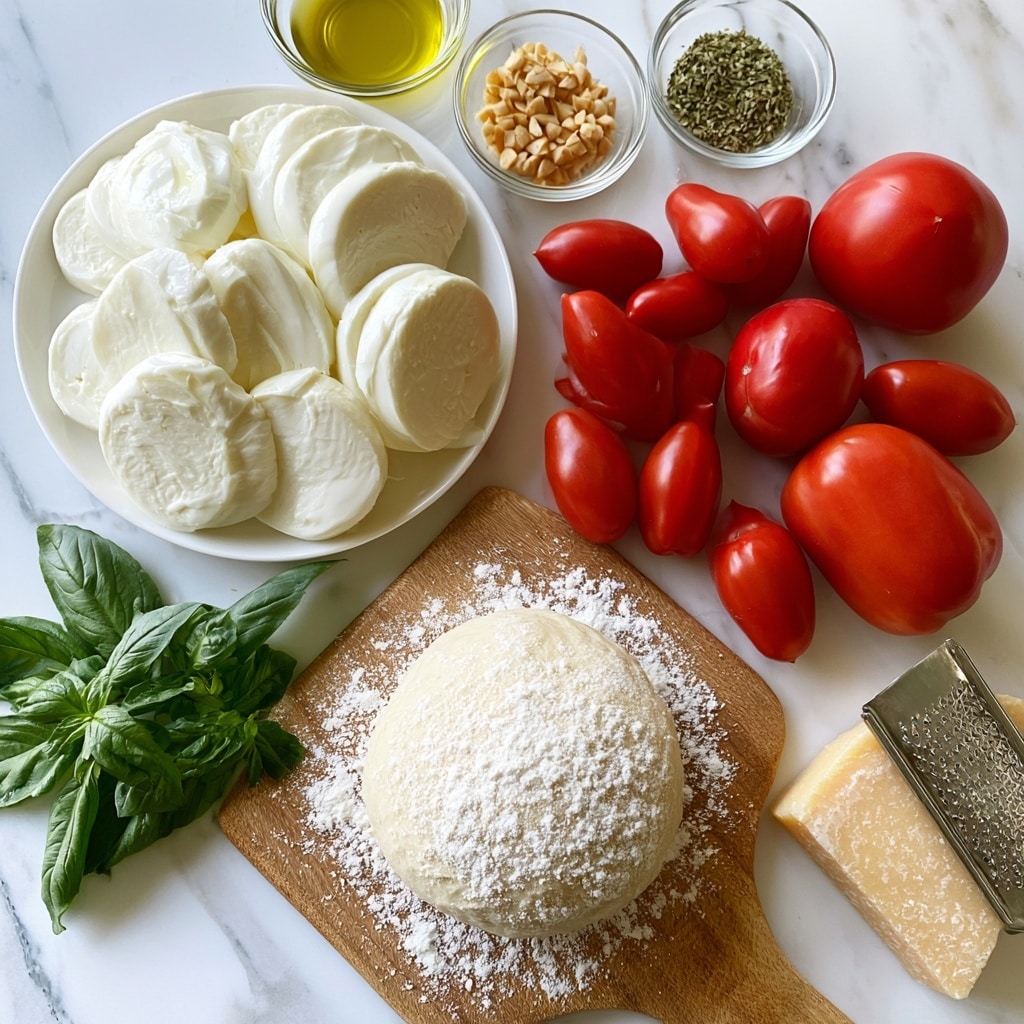 A wooden board holds a round ball of pizza dough dusted with white flour on a white marbled surface. To the side, a white plate is filled with multiple thick slices of soft, white mozzarella cheese arranged in a loose pile. Nearby, several red tomatoes of different sizes and shapes are scattered, including small oval and larger round ones with smooth skin. Fresh green basil leaves are placed loosely together toward the bottom left. Three small clear glass bowls filled with a yellow oil, chopped light brown garlic, and dried oregano are arranged near the top. A wedge of pale yellow parmesan cheese with a metallic grater resting on it is positioned toward the bottom right. The whole setup is bright and clean. photo taken with an iphone --ar 4:5 --v 7