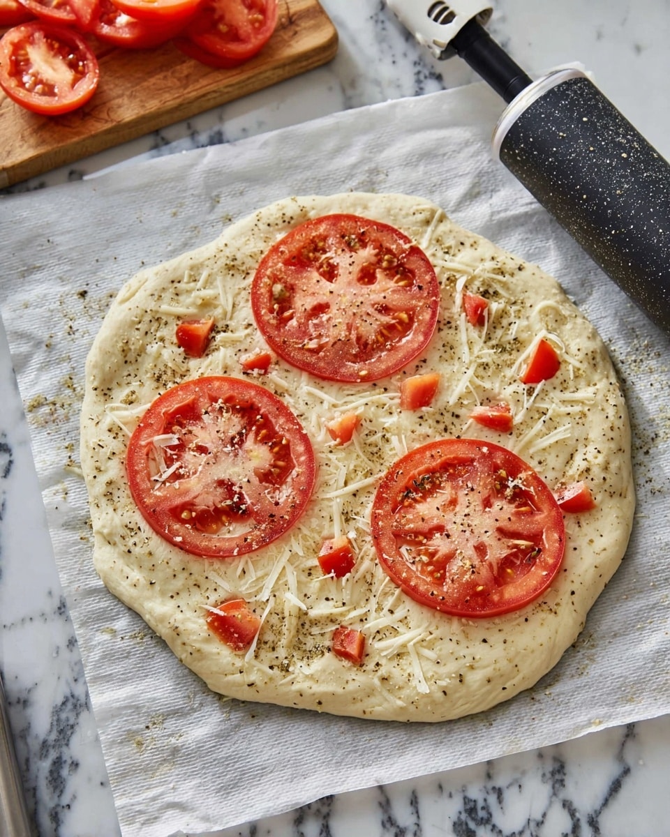 A round pizza dough base is laid flat on white parchment paper over a white marbled countertop. The dough has a light beige color with a soft texture, sprinkled with small black pepper bits. On top, there are three large, bright red tomato slices spaced evenly in a triangular shape, along with smaller tomato pieces scattered around. Beneath the tomatoes, thin flakes of white cheese are spread unevenly. The pizza is ready for baking. Next to the dough, on the right side, lies a black and white dough roller. In the top left corner, part of a wooden cutting board with some sliced tomatoes is visible. Photo taken with an iphone --ar 4:5 --v 7