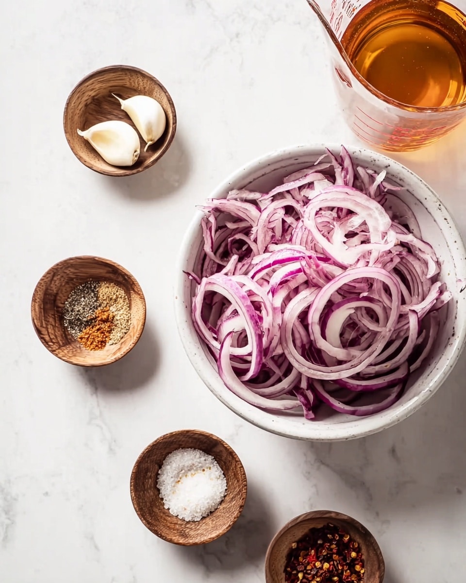 A top view shows a white bowl filled with thin, curved slices of purple and white onion placed on a white marbled surface. Around the bowl, there are four small round wooden dishes: one with two white garlic cloves, one filled with coarse white salt, one holding a mix of crushed spices with shades of brown, black, and light tan, and one containing small reddish flakes of chili. On the right side, a glass measuring cup with some amber-colored liquid is partially visible. The overall setup is simple, clean, and colorful with the white marbled background enhancing the contrast. Photo taken with an iphone --ar 4:5 --v 7