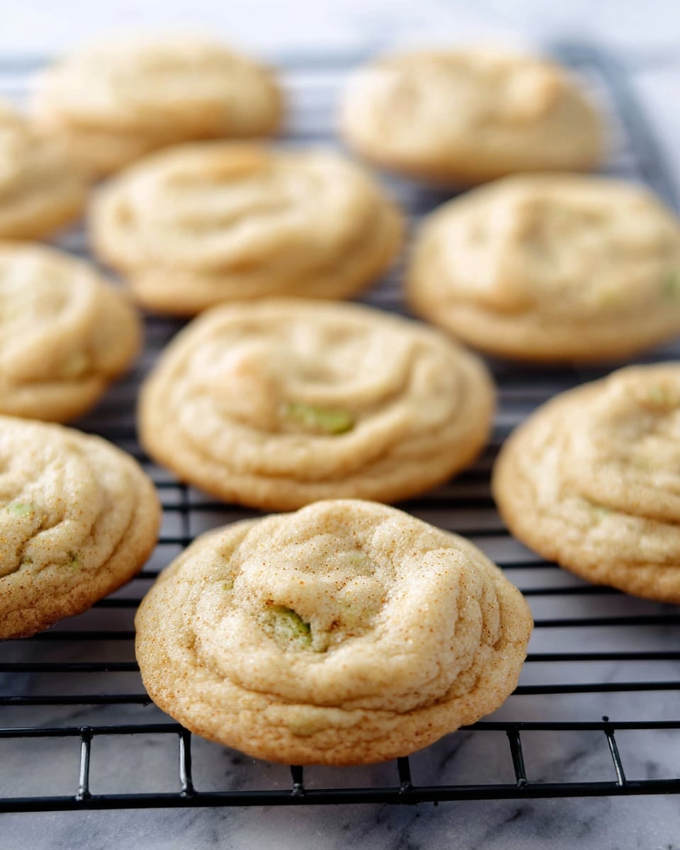 A group of soft, golden brown cookies with a smooth, slightly cracked surface lie on a black cooling rack. Each cookie is round and puffy, showing hints of green bits inside, suggesting nuts or fruit pieces. The cookies have a warm, light beige color with subtle texture from the ingredients, and are arranged closely together on the rack. The rack is set on a white marbled textured surface that adds a clean and bright contrast to the cookies. photo taken with an iphone --ar 4:5 --v 7