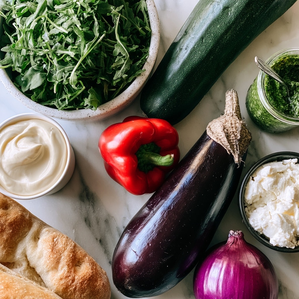 A white speckled bowl filled with fresh, green arugula sits on a white marbled surface near a white cup filled with smooth, creamy mayonnaise. A large, dark green zucchini rests diagonally on the surface next to a shiny, deep purple eggplant with a rough stem. A bright red bell pepper with a green stem lies near the center. A small clear glass jar holds green pesto with a spoon inside. A small black bowl contains white crumbled feta or mozzarella cheese with a soft texture. A red onion with a shiny, smooth purplish skin is near the bottom right, while soft focaccia or ciabatta rolls with light brown, crusty skins rest nearby on the left side. A woman's hand is not in the scene. Photo taken with an iphone --ar 4:5 --v 7