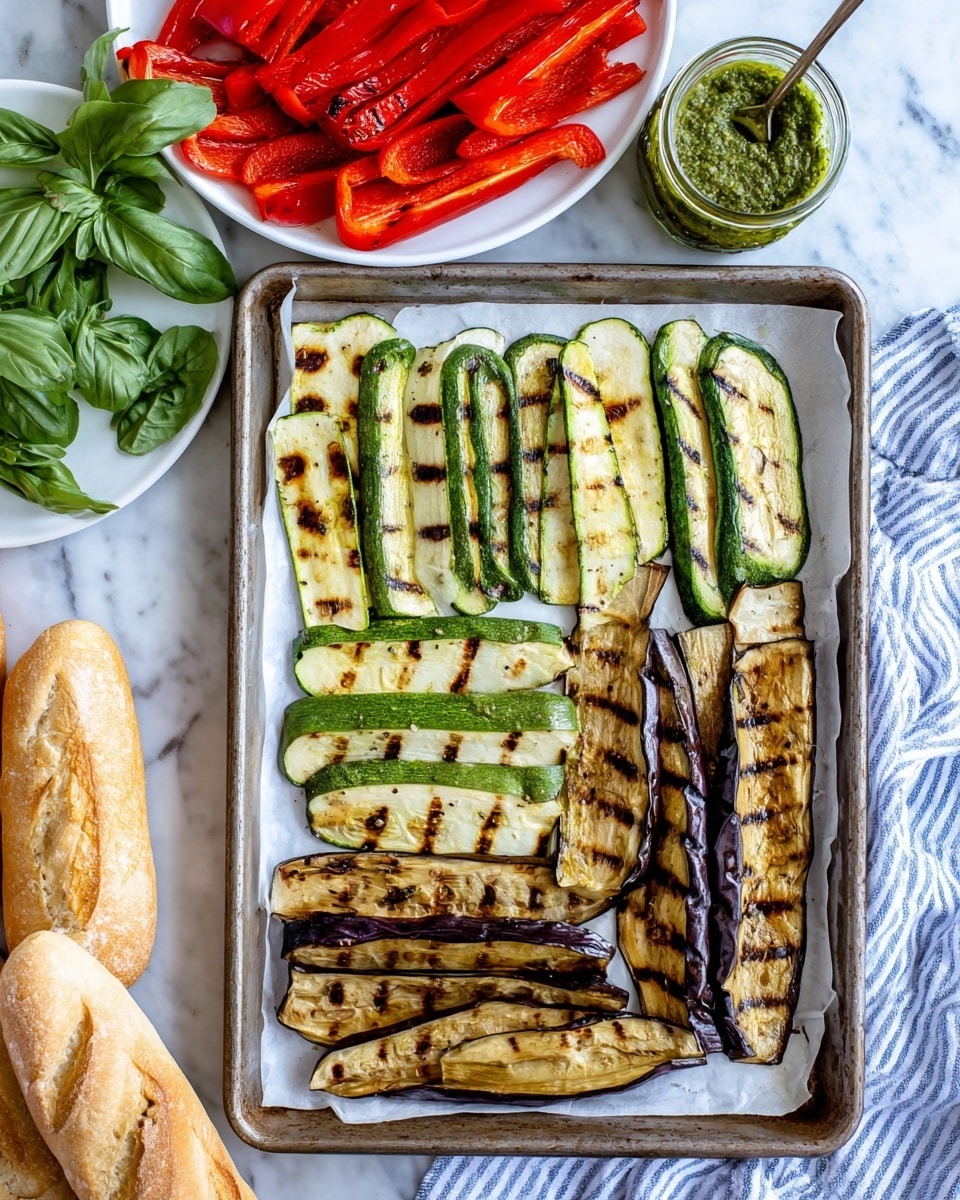 The image shows a metal baking tray lined with white paper holding four rows of grilled vegetable slices: two rows of light green zucchini slices with dark green edges and char marks on the left, and two rows of long, light brown and purple eggplant slices with grill marks on the right. To the left of the tray, there is a white plate filled with roasted red bell pepper strips. Above the tray, a bunch of fresh green basil leaves rests on a blue and white striped cloth next to a glass jar filled with green pesto sauce with a spoon inside. In the bottom left corner, part of a light brown baguette loaf is visible on a white marbled surface. Photo taken with an iphone --ar 4:5 --v 7