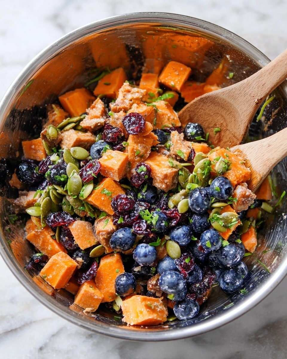 A close-up image of a mixed salad in a silver metal bowl with two wooden spoons inside. The dish has multiple layers of food elements: soft orange cubes that appear like cooked sweet potatoes, round dark blue blueberries, light brown small cube-shaped pieces, and small green pumpkin seeds spread throughout. There are also some reddish dried cranberries and chopped fresh green herbs scattered across the mix. The textures vary from soft and smooth to slightly crunchy, all mixed evenly. The bowl sits on a white marbled surface. Photo taken with an iphone --ar 4:5 --v 7
