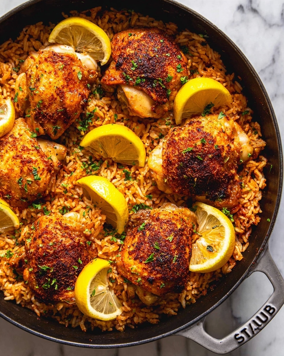 The image shows a dark pan filled with cooked rice as the bottom layer, soft and fluffy with a reddish tint from spices. On top are five golden brown, seasoned chicken pieces with a slightly crispy texture and dark spots from cooking. Around the chicken, there are bright yellow lemon wedges placed in between, some resting on the rice. Small green herb pieces are lightly scattered over the chicken and rice. The pan handle with the brand