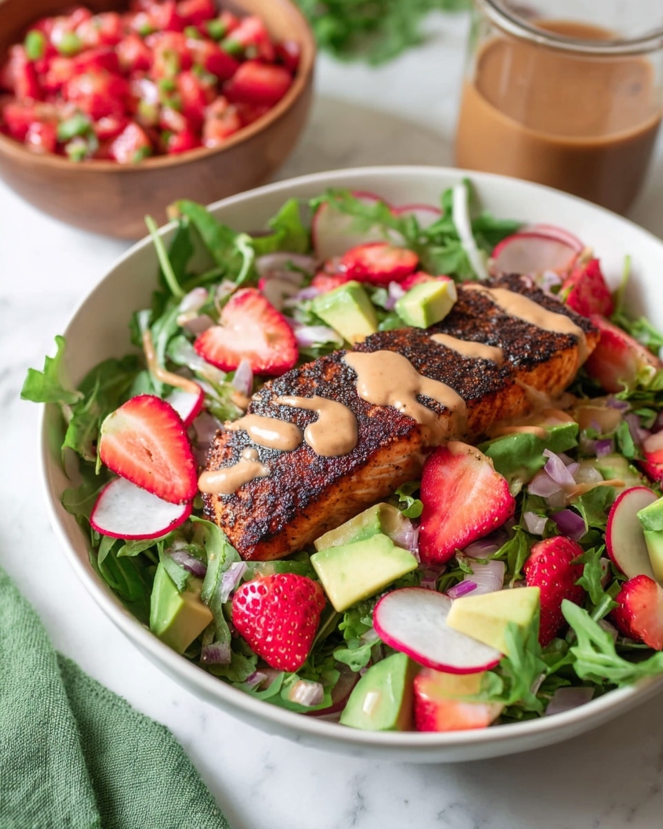 A white bowl contains a fresh salad with a dark, grilled square piece of salmon placed slightly off center on a bed of bright green arugula leaves. On top of the salmon is a colorful mix of diced red strawberries, white onion, and green jalapeño pieces. Around the salmon, there are sliced red strawberries, light green avocado chunks, thin radish slices with white centers and red edges, all spread over the arugula base. A light brown creamy dressing is drizzled over the top of the salad, salmon, and some scattered veggies. The background shows a white marbled texture. photo taken with an iphone --ar 4:5 --v 7