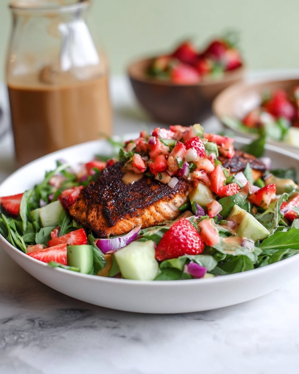 A white bowl sits on a white marbled surface, filled with a fresh salad starting with a base of green leafy arugula. On top lies a single piece of blackened salmon with a dark charred crust, covered with a drizzle of light brown creamy dressing. Scattered around the salmon are bright red strawberry slices, light green avocado chunks, thin white radish slices, chopped red onion pieces, and small bits of green jalapeno. In the background, there is a wooden bowl with more strawberry salsa and a clear glass cup containing more brown dressing. photo taken with an iphone --ar 4:5 --v 7