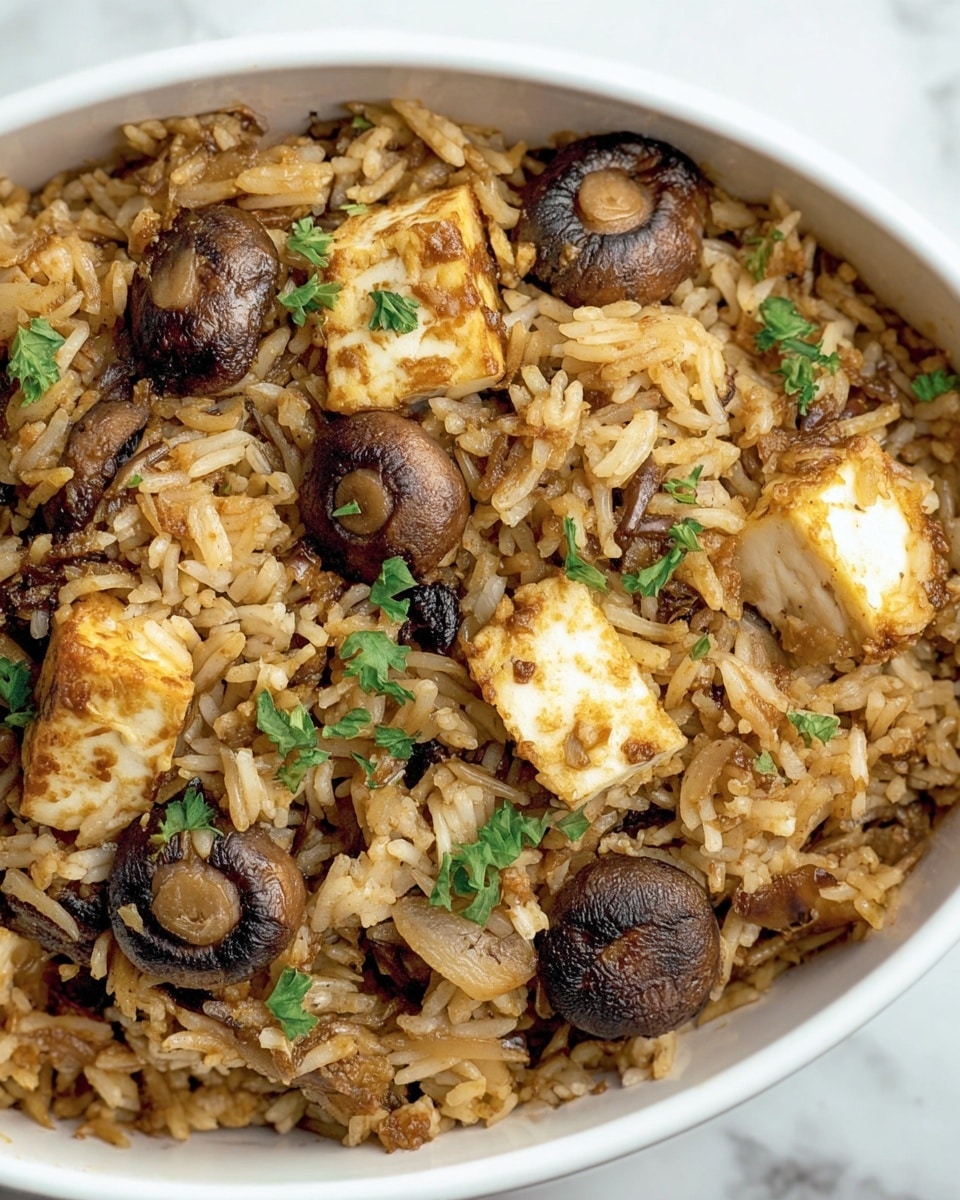 The image shows a close-up view of a rice dish in a white bowl with a white marbled surface beneath it. The dish has one main layer of cooked rice mixed with browned onions, giving the rice a golden brown and slightly crispy texture. Scattered evenly on top and within the rice are chunks of cooked mushrooms with a dark brown outer color and smooth texture, along with pieces of soft white paneer that have light browned edges. Small green parsley leaves are sprinkled over the dish to add a touch of color contrast, making the dish visually vibrant and rich. photo taken with an iphone --ar 4:5 --v 7