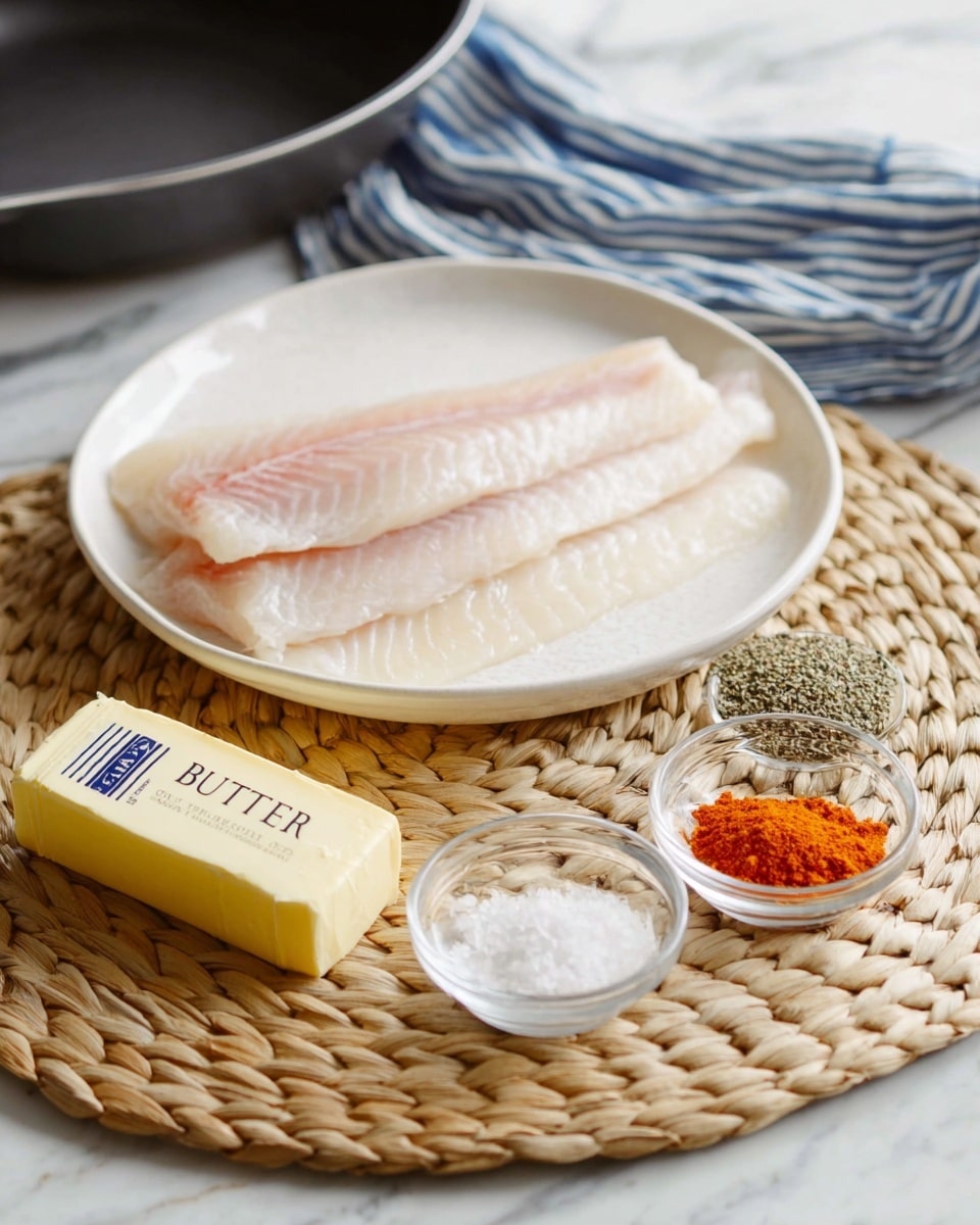 In the image, there are three thin fillets of raw fish placed one on top of another on a white plate on the left side. In front of the plate is a stick of salted sweet cream butter in its light yellow wrapper, lying horizontally. To the right of the butter, there are two small clear glass bowls: the one closer to the butter contains white salt and black pepper, while the one behind it holds three different spices in red, orange, and green colors. The whole scene is set on a light brown woven placemat with a white marbled surface underneath. In the background, a black pan and a blue and white striped cloth can be seen. photo taken with an iphone --ar 4:5 --v 7