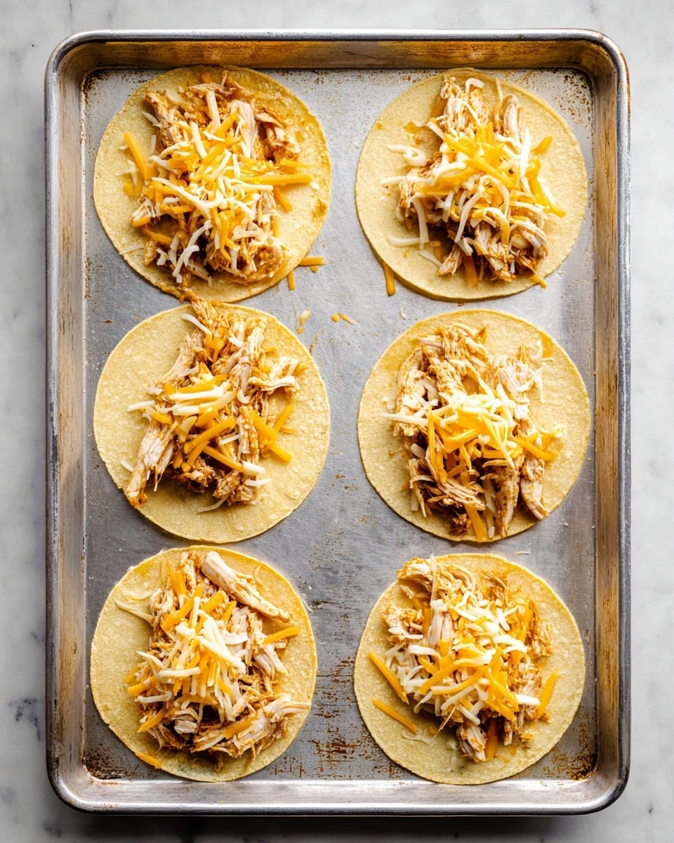 There are six soft yellow corn tortillas arranged in two rows on a metal baking tray with some scratches and light marks. Each tortilla is topped with shredded cooked chicken that is light brown and tender looking, layered in the center. On top of the chicken, there is a mix of shredded yellow and white cheese scattered evenly. The background surface is a white marbled texture, and no woman's hand is visible in the image. photo taken with an iphone --ar 4:5 --v 7