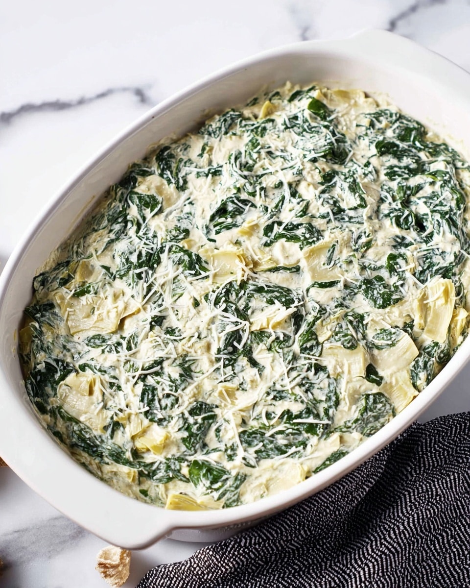 The image shows a white pottery dish filled with a creamy spinach and artichoke mix. The dish has one even layer made of chopped spinach leaves with a deep green color, soft artichoke pieces with a pale yellow tone, all covered in a thick, white creamy sauce that coats the greens and vegetables evenly. The surface is textured with bits of shredded cheese and cream blending the ingredients together. The dish is placed on a white marbled surface with a black and white cloth nearby. Photo taken with an iphone --ar 4:5 --v 7