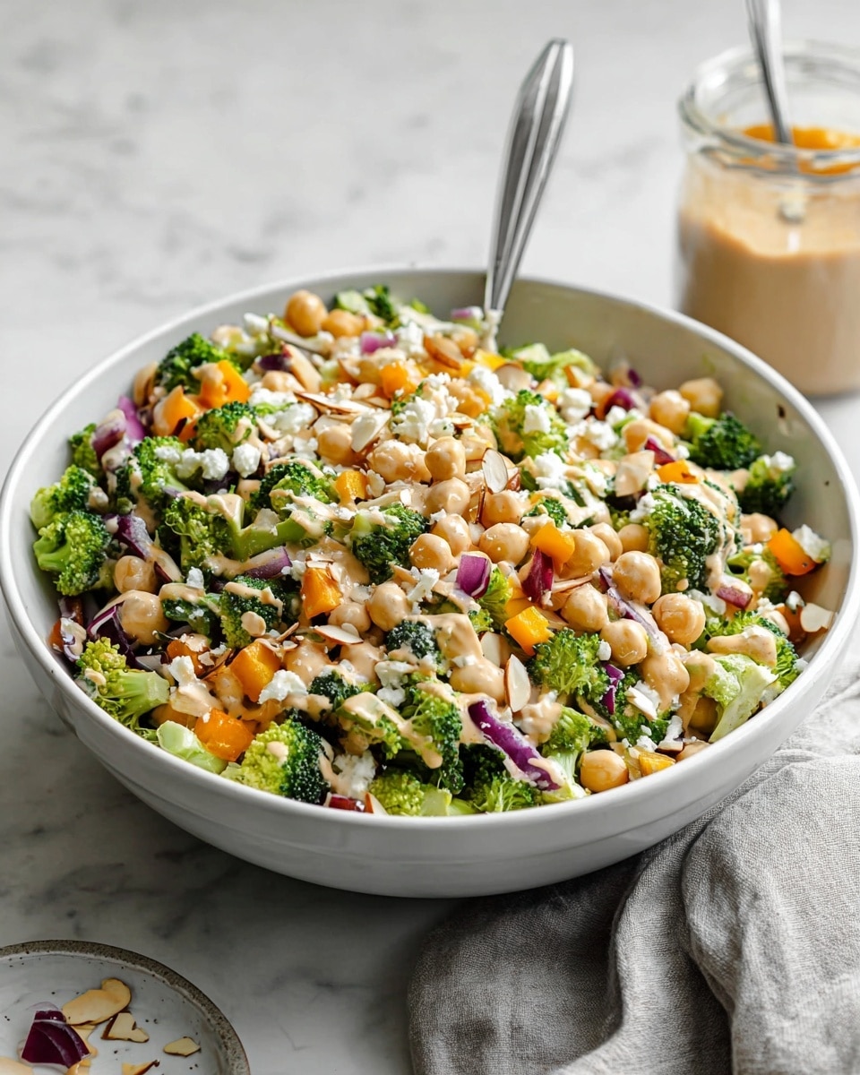 A large white bowl filled with a colorful layered salad sits on a white marbled surface. The salad has four main layers: bright green broccoli florets and celery chunks, light beige chickpeas, small orange bell pepper pieces, and diced purple-red onion. White crumbly cheese pieces and some almond slivers are mixed throughout. The salad is topped with a light tan creamy dressing drizzled evenly. A silver spoon is placed inside the bowl for serving, and a glass jar with the same dressing and a spoon is seen in the background. Photo taken with an iphone --ar 4:5 --v 7