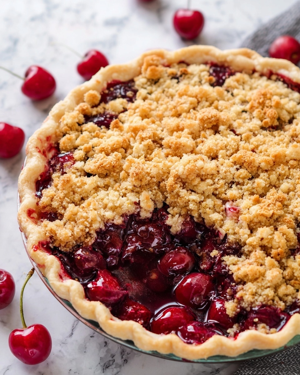 The image shows a cherry crumble pie with a golden crumb topping that looks crunchy and uneven, sitting on the top layer. Below the topping, the rich red cherry filling is glossy and thick, with whole cherries visible. The pie crust edges are light beige and slightly wavy, holding the filling inside. The pie is in a clear glass dish resting on a white marbled surface. Bright red cherries also lay around the dish, adding a fresh touch. The photo taken with an iphone --ar 4:5 --v 7