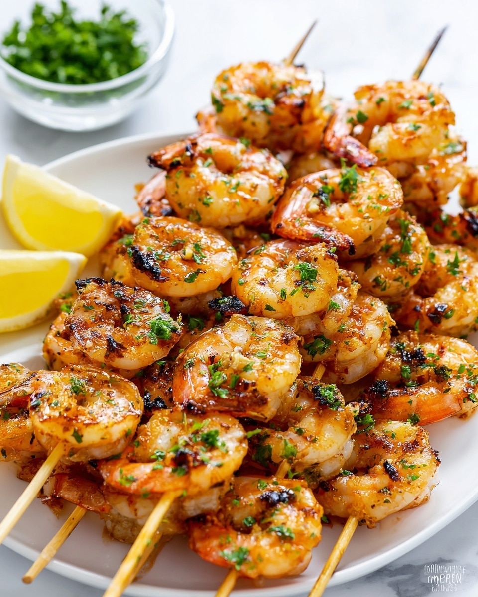 The image shows several wooden skewers with grilled shrimp stacked closely on a white plate. Each skewer holds about five shrimp, golden orange in color with light char marks and small bits of green herbs sprinkled on top. In the background, there is a small clear bowl filled with chopped green herbs and two lemon wedges beside the plate. The plate sits on a white marbled surface. photo taken with an iphone --ar 4:5 --v 7