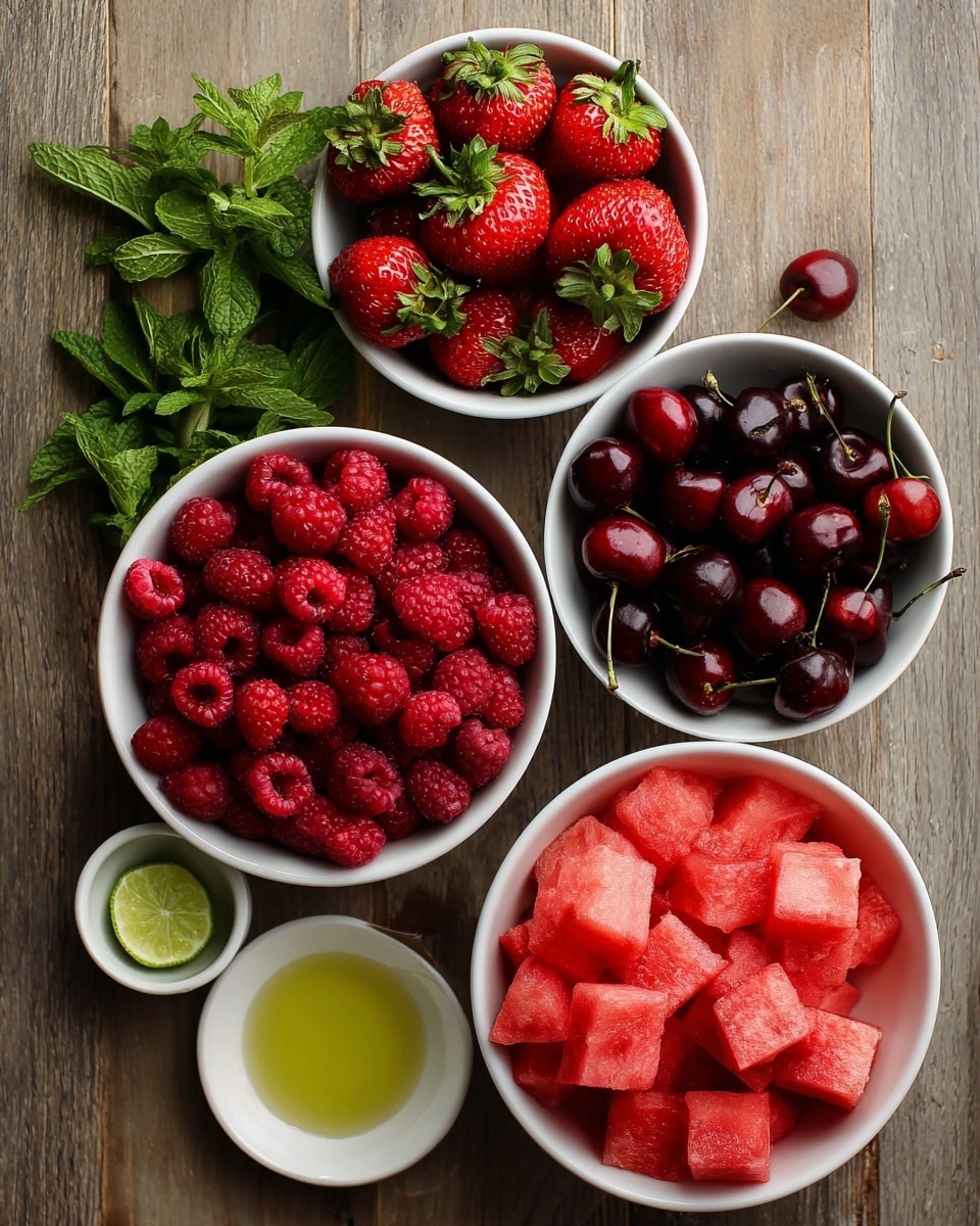 A top view of several white bowls on a wooden surface filled with fresh fruits and ingredients: one bowl is full of bright red strawberries with green tops, next to it is a white bowl of dark red cherries with stems, below is another white bowl packed with deep red raspberries, and next to raspberries is a white bowl filled with pinkish-red watermelon cubes showing some seeds; beside the bowls is a small white dish holding bright green lime juice and zest, and a small white bowl with golden agave syrup; fresh dark green mint leaves are placed on the left side of the setup. photo taken with an iphone --ar 4:5 --v 7