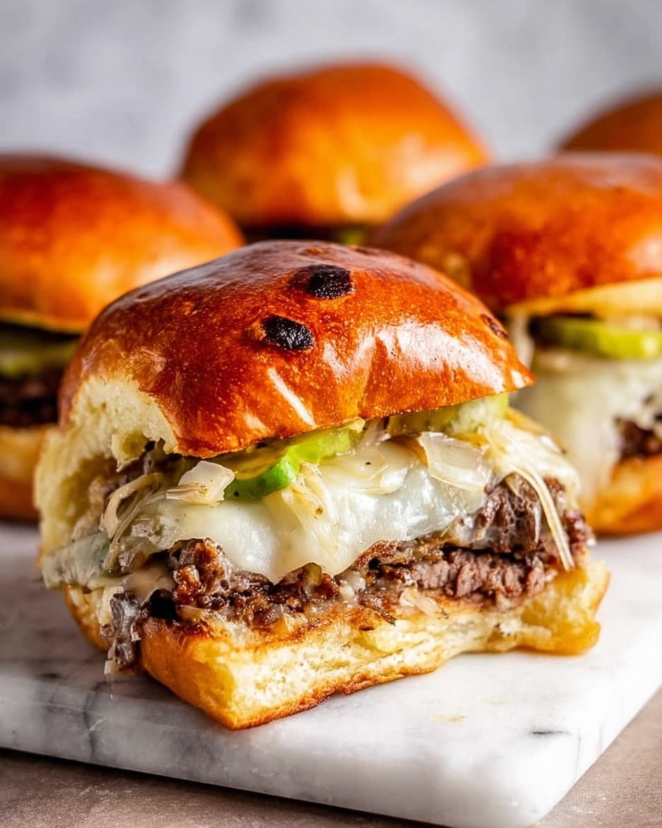 The image shows a close-up of a burger cut in half on a white marbled surface. The burger has a shiny, golden-brown toasted bun on top, with a few small dark spots. Below the bun, there are melted white cheese strands that stretch slightly. Under the cheese, there are several slices of sautéed light brown onions and green pickles. The main patty is dark brown, juicy, and cooked well. The bottom bun is golden and soft, holding everything together. In the background, there are two more whole burgers with the same shiny golden buns, slightly out of focus. The photo taken with an iphone --ar 4:5 --v 7