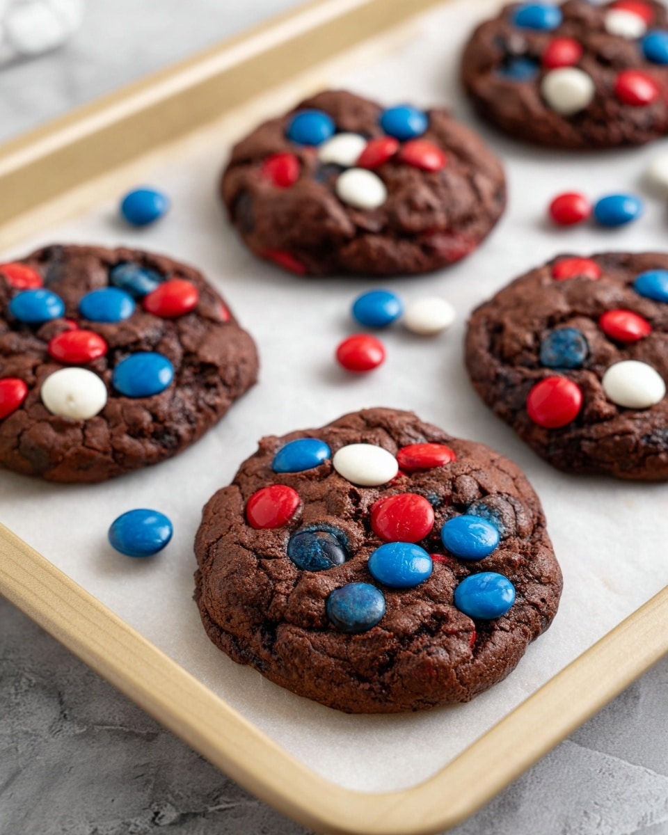 The image shows five round chocolate cookies on a light wooden baking tray with a white marbled surface underneath. Each cookie is dark brown and topped with red, white, and blue candy pieces that are smooth and glossy, scattered on and around the cookies in no particular pattern. The cookies have a slightly rough and cracked texture and are spaced evenly on the tray, with some candies lying loose nearby. photo taken with an iphone --ar 4:5 --v 7