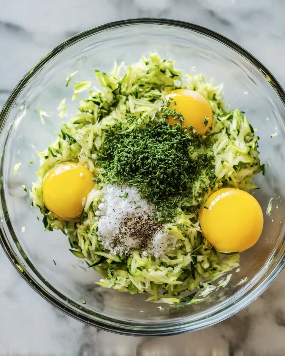 In a clear glass bowl on a white marbled surface, there is a mix of shredded green zucchini forming the main layer, with three bright yellow egg yolks placed on top, one near the left edge and two closer to the center right. On top of the zucchini, near the center, there are small piles of black pepper, white salt, and chopped green herbs, arranged in a neat row, adding contrast with their fine textures against the shredded vegetable. The mix looks fresh and ready to be stirred together. Photo taken with an iphone --ar 4:5 --v 7