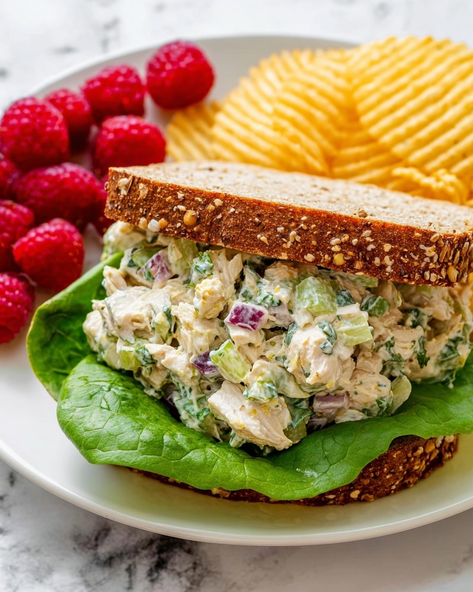 A sandwich with two slices of seeded multigrain bread, the top slice lifted to show the inside layers. The bottom layer is a fresh green lettuce leaf topped with a creamy chicken salad that has visible pieces of white chicken, finely chopped celery, red onion, and green herbs mixed in a light dressing. The sandwich is placed on a white plate with a cluster of bright red raspberries on the top left and a small pile of golden ridged potato chips on the top right, all set on a white marbled surface. photo taken with an iphone --ar 4:5 --v 7