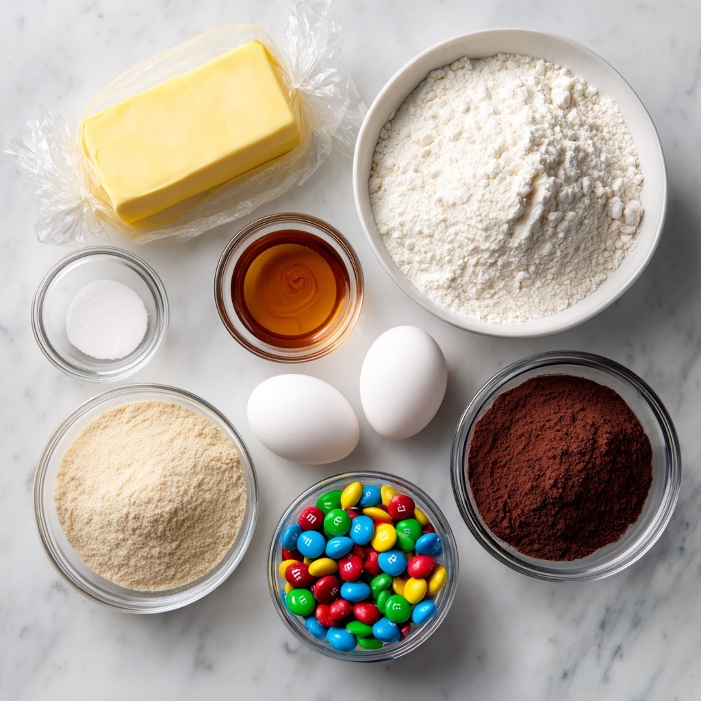 The image shows several baking ingredients arranged neatly on a white marbled surface. At the top left, there is a stick of yellow butter wrapped in paper, next to a small clear bowl with almond extract, and two white eggs placed side by side. Below the eggs, there is a small clear bowl of white baking powder. On the left side, a large white bowl filled with white flour is placed beside a small clear bowl of salt. Below the salt, a large white bowl contains light brown sugar, and next to it on the right, a medium clear bowl filled with dark brown cocoa powder. At the bottom right, a small clear bowl of colorful M&M's sits invitingly. All the bowls are transparent glass, showing the textures and colors of the ingredients clearly. Photo taken with an iphone --ar 4:5 --v 7