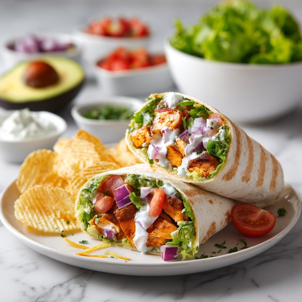 A wrap cut in half shows its layers from front to back: bright orange pieces of cooked chicken, green leafy lettuce, small chunks of red tomato, diced purple onion, and a drizzle of white sauce inside a soft, light brown tortilla. The wrap sits on a white plate with ridged potato chips and small bits of white cheese scattered around. Behind the plate, a whole avocado sliced in half, a white bowl full of green lettuce, and other small white bowls with various ingredients sit on a white marbled surface. Photo taken with an iphone --ar 4:5 --v 7