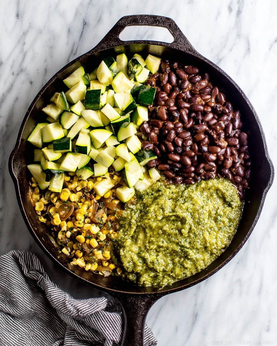 In a black cast iron pan placed on a white marbled surface, there are four main layers of food arranged in separate sections. The top left section has chunky pieces of light green zucchini with dark green edges, cut into small cubes. The bottom left section is filled with shiny, dark brown beans. The top right section contains a mix of roasted corn kernels and finely chopped green and brown vegetables, showing a slightly crispy texture. The bottom right section holds a thick, uneven layer of green salsa with visible small bits of herbs. A gray and white striped cloth is partially visible on the bottom left side of the pan. photo taken with an iphone --ar 4:5 --v 7