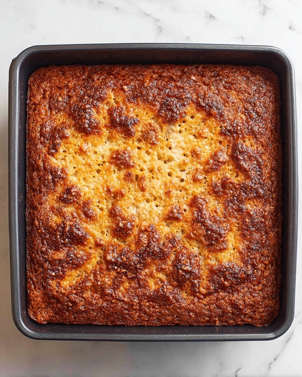 The image shows a square dark baking pan filled with a single-layer baked dish that has a rough, cracked surface with a mix of golden brown and darker brown colors. The top looks slightly bubbly and uneven, with some lighter bubbly spots scattered across the crust. The pan sits on a white marbled surface. photo taken with an iphone --ar 4:5 --v 7