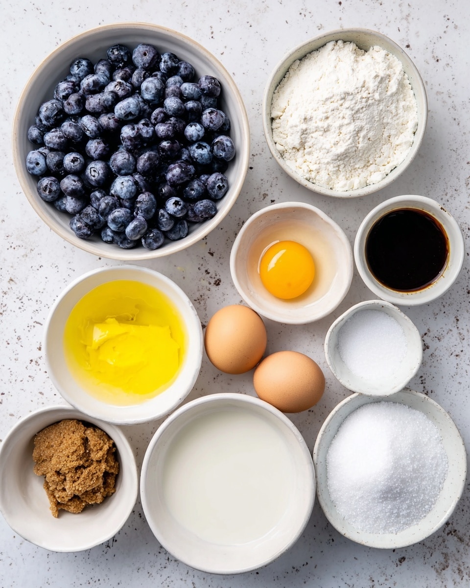 The image shows several small white bowls and a white plate arranged on a white marbled surface, each containing different baking ingredients. One white bowl is full of round, deep blue blueberries, while another white bowl holds white flour with a powdery texture. A small white bowl contains bright yellow melted butter, and next to it is a bowl with brown sugar that looks crumbly. A cracked egg with an orange yolk sits in a white bowl beside a similar white bowl filled with white milk. There is a small white bowl with dark brown vanilla extract, and a white plate with white powdery baking soda and salt. Another white bowl contains white granulated sugar. The items are spaced casually to show different textures and colors clearly. Photo taken with an iphone --ar 4:5 --v 7