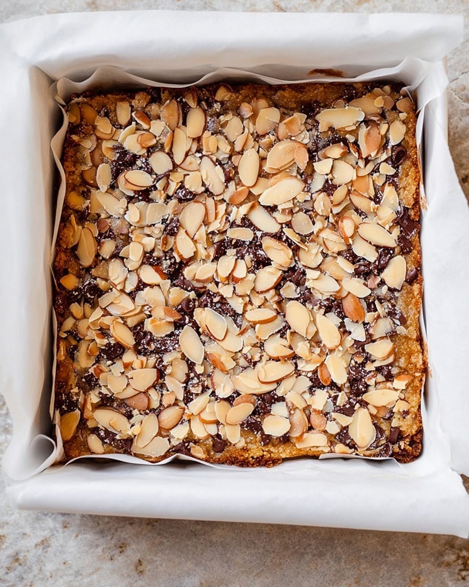 A square baked dessert in a white tray lined with parchment paper is shown. The top layer is covered with toasted almond slices, light golden brown in color, mixed with melted dark chocolate bits scattered evenly. The base layer beneath appears soft and slightly golden, holding the toppings together. The edges of the dessert are slightly darker brown from baking. The tray sits on a white marbled textured surface. photo taken with an iphone --ar 4:5 --v 7