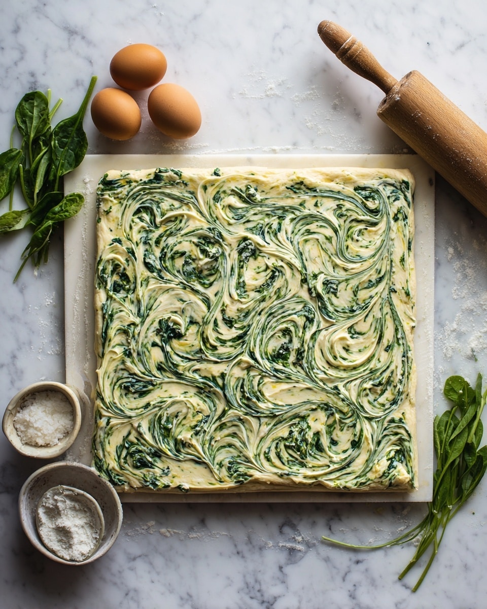 A square flat dough layer is fully covered with an evenly spread creamy spinach mixture, which shows a mix of green and light creamy white colors in smooth, slightly textured swirls. The spinach cream layer almost reaches the edges of the dough. The whole setup rests on a white marbled surface. Photo taken with an iphone --ar 4:5 --v 7