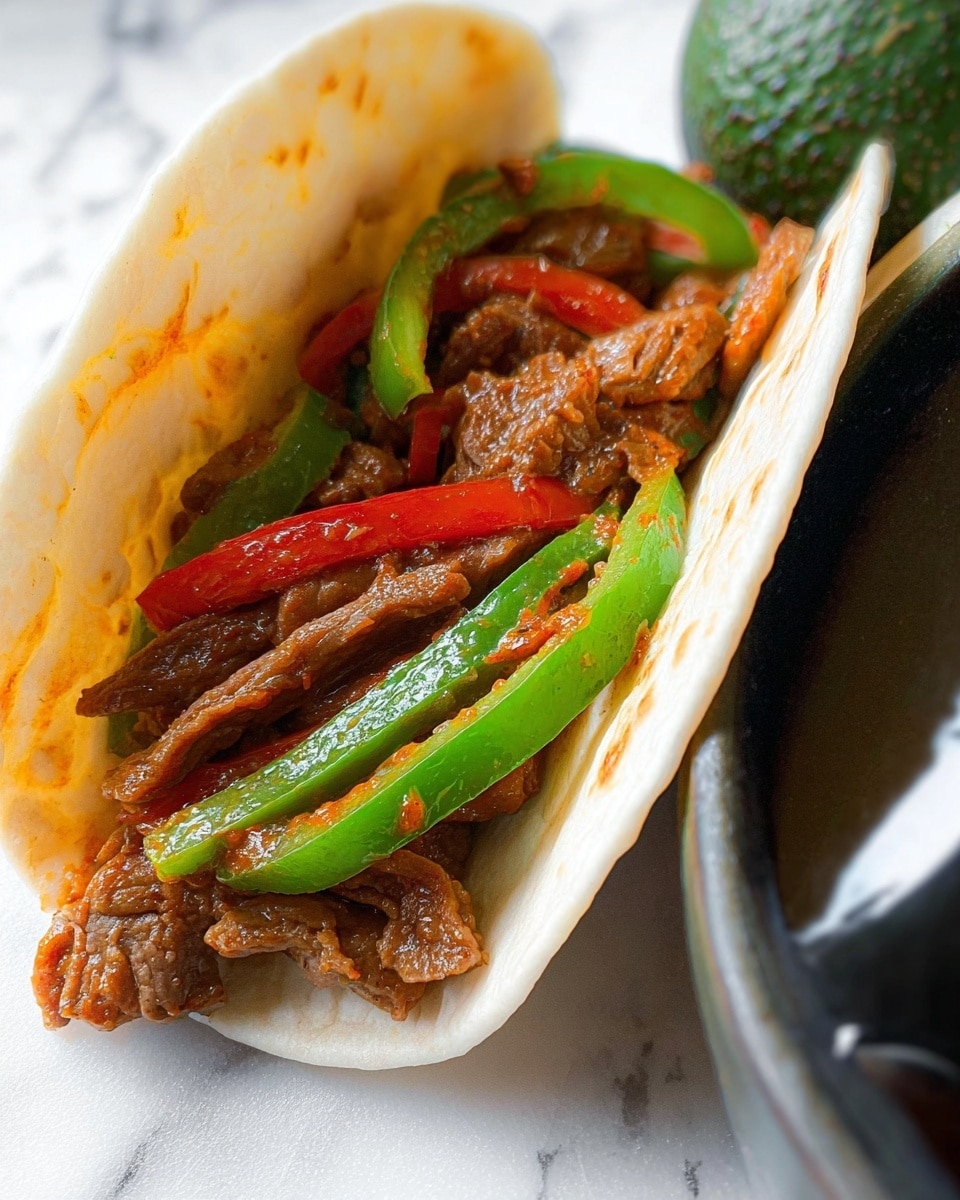 The image shows a close-up of a cooked beef stir-fry in a black pan. The dish has several layers including tender brown beef strips, bright green sliced bell peppers, and soft white onion slices all mixed in a rich, reddish-brown sauce with bits of green herbs scattered throughout. Two black and silver kitchen tongs are resting inside the pan, positioned diagonally across the dish, with one partially submerged in the sauce. The background is a white marbled texture. photo taken with an iphone --ar 4:5 --v 7
