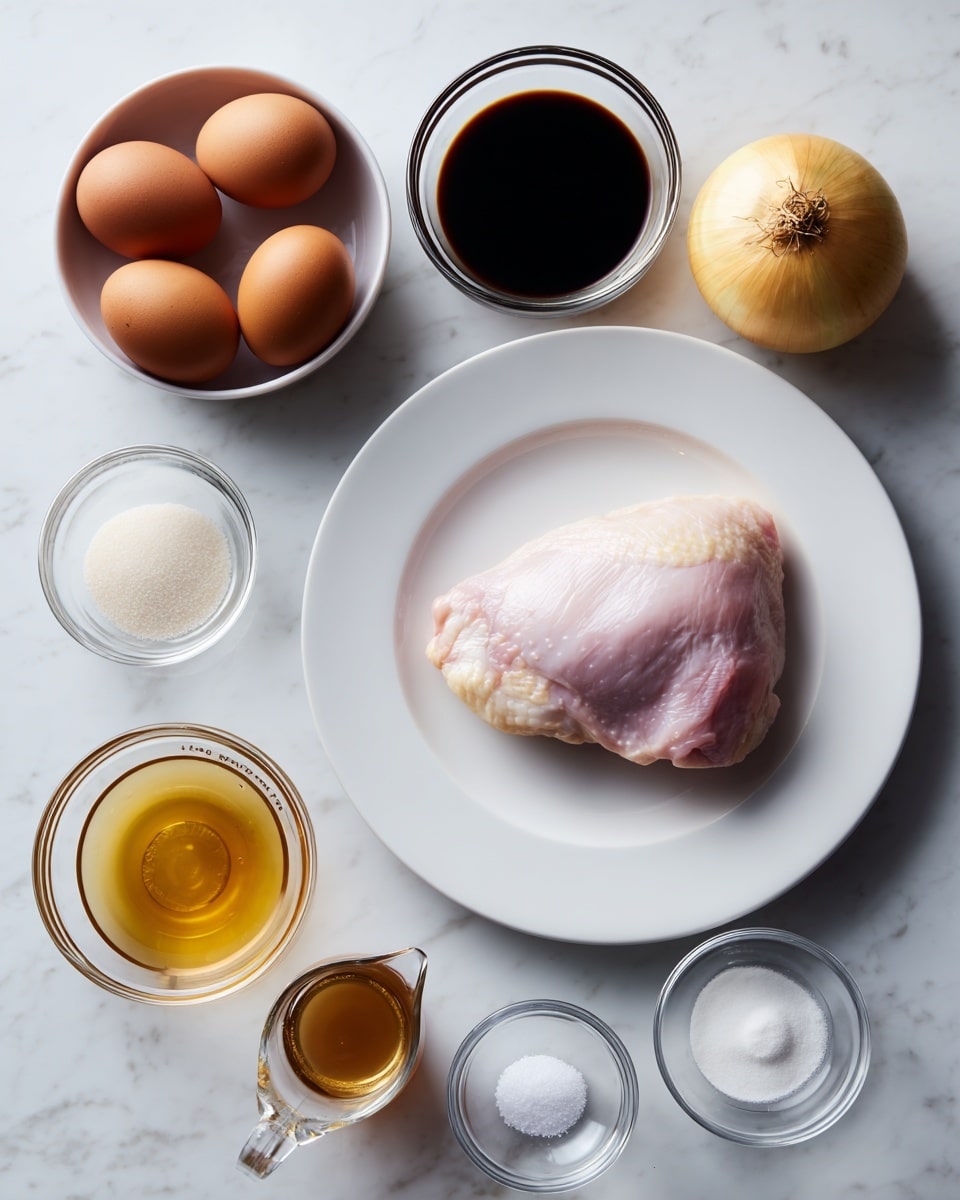 The image shows various cooking ingredients arranged neatly on a white marbled surface. In the center, there is a white plate with a raw chicken thigh, pinkish in color with some glossy, smooth texture. To the upper right of the plate, there is a whole yellow onion with a dry, papery outside skin. Above the plate to the left, there is a small white bowl holding three brown eggs. Around the plate and bowl, there are small clear glass bowls and cups containing different ingredients: one with a dark brown soy sauce, one with light brown dashi broth in a measuring cup, and others holding white sugar, salt, white pepper, sake, and mirin, all clear or mostly white in color. The arrangement is clean and organized, with each item spaced evenly on the white marbled surface. Photo taken with an iphone --ar 4:5 --v 7