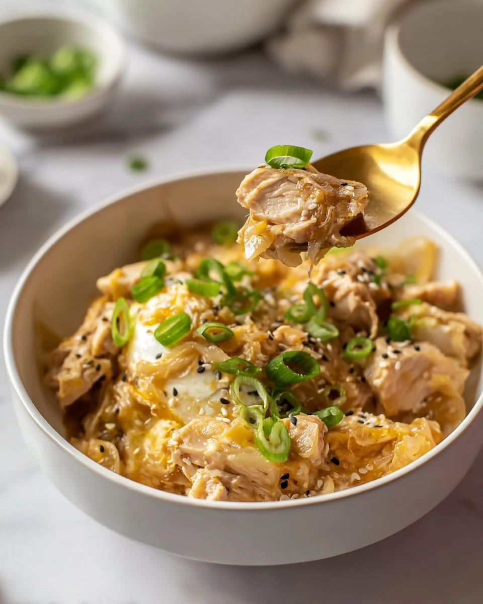 A white bowl filled with a layered dish featuring a base of soft, cooked onions in a light brown sauce, topped with tender pieces of light brown cooked chicken mixed with patches of creamy, cooked egg in pale yellow and white. Scattered on top are slices of fresh green onions and sprinkled sesame seeds, adding pops of green and light beige. A gold spoon holds a bite with a piece of chicken, egg, and onion above the bowl. The bowl sits on a white marbled surface with blurred white bowls in the background. Photo taken with an iphone --ar 4:5 --v 7