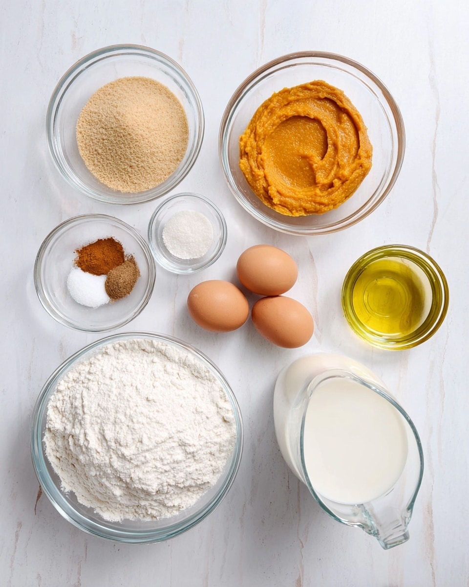 The image shows seven clear glass bowls and a glass jug arranged on a white marbled surface. Starting from the bottom left, there is a large bowl filled with white flour. Above it to the left is a smaller bowl filled with light brown sugar. At the top center, a medium bowl contains an orange puree with a smooth texture. To the right of the puree, two brown eggs sit in a small glass bowl. Below the eggs, a small bowl holds three small piles of powder: white baking soda or powder, light brown cinnamon, and salt. At the bottom right, a clear glass jug is filled with white milk. Above the jug, a small glass container holds yellow olive oil. The bowls and jug are spaced evenly in a casual arrangement. Photo taken with an iphone --ar 4:5 --v 7