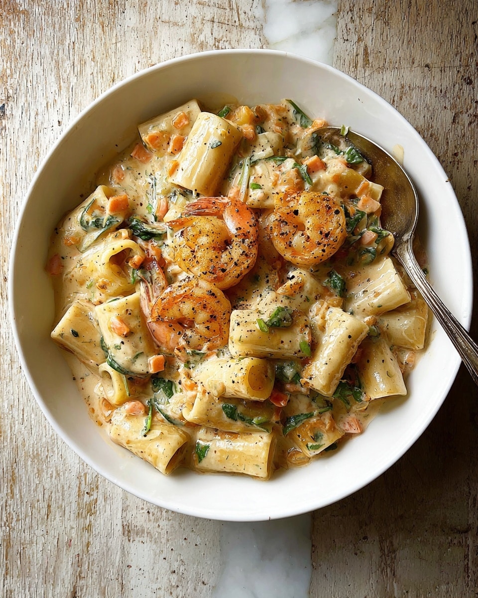 A white bowl filled with thick pasta tubes in a creamy sauce with green herbs and small orange carrot pieces scattered throughout. On top, there are two large shrimp browned with black pepper, nestled among the pasta, mixed with bits of spinach or basil. A silver spoon lies on the right side of the bowl, resting partially under the pasta. The bowl sits on a white marbled surface that contrasts with the warm creamy tones of the sauce and shrimp. photo taken with an iphone --ar 4:5 --v 7