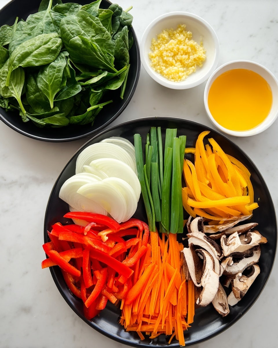 A black plate is filled with colorful vegetable slices arranged in separate layers: white onion slices on the bottom left, bright red bell pepper strips next to the onion, green onion stalks alongside the bell pepper, thin orange carrot sticks on the top right, dark brown and white sliced mushrooms next to the carrot sticks, and yellow bell pepper slices near the mushrooms. Another black plate on the top left is filled with fresh green spinach leaves with visible veins and stems. Two small white bowls are near the plates, one with finely chopped garlic and the other with beaten yellow eggs. All items are placed on a white marbled surface. photo taken with an iphone --ar 4:5 --v 7