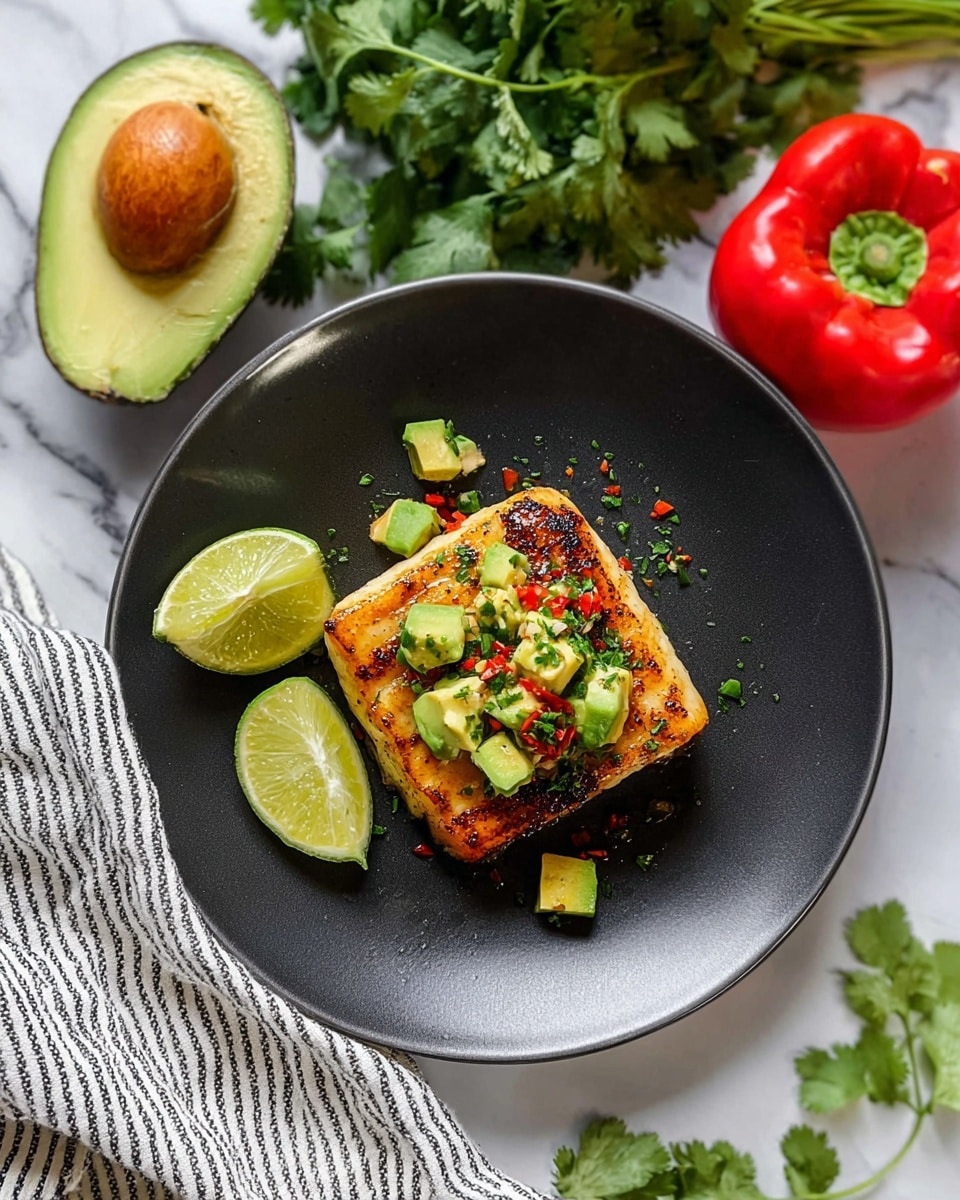 A square piece of grilled fish with golden-brown char marks sits in the center of a white plate. It is topped with small, green avocado cubes mixed with red chili flakes and chopped herbs. Beside the fish, there are two lime wedges showing their bright green inside. Around the plate, in the background on the white marbled surface, there is one halved avocado displaying its large brown pit, a red bell pepper, and a bunch of fresh green cilantro. A white cloth with black stripes is partially visible underneath the avocado. Photo taken with an iphone --ar 4:5 --v 7