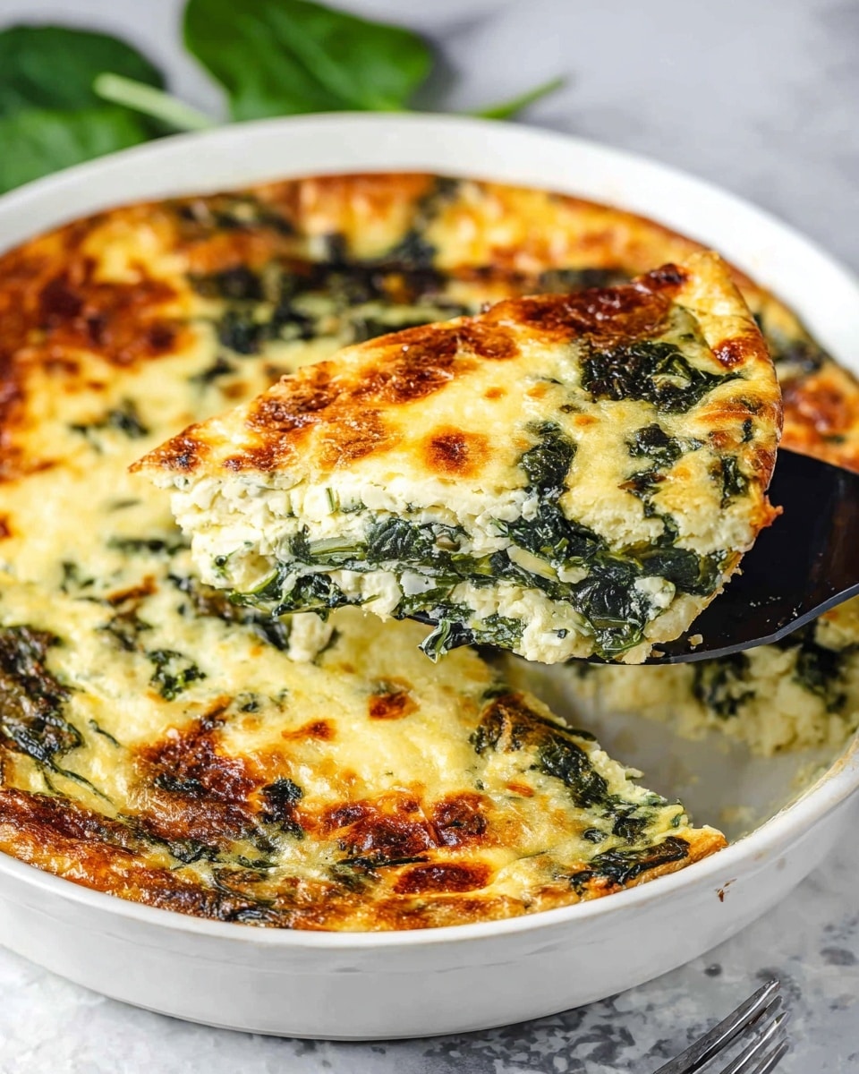 A white round dish shows a creamy baked spinach casserole with a golden brown top that is slightly crisp around the edges. Inside the casserole, layers of wilted dark green spinach are mixed evenly with a soft, pale yellow egg and cheese mixture. The top layer has a browned cheese texture with some darker spots adding color contrast. A black spatula lifts a slice from the dish, revealing the soft and fluffy inside with visible chunks of green spinach and melted cheese. The dish sits on a white marbled surface with green spinach leaves blurred in the background. Photo taken with an iphone --ar 4:5 --v 7
