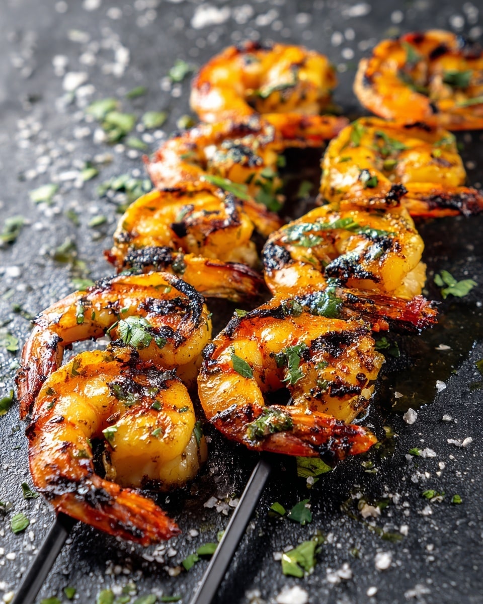 A close-up view shows a skewer of four grilled shrimp, each shrimp a mix of bright orange, pink, and light brown colors with charred black grill marks and tiny bits of green herbs sprinkled on top. The shrimp are curved into a