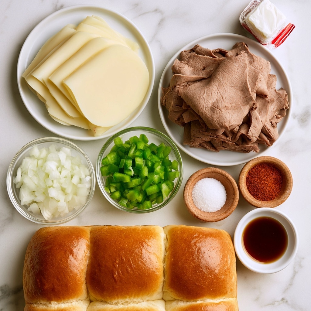 The image shows ingredients for a sandwich laid out on a white marbled surface. On the top left, there is a white plate with several thin, round slices of pale yellow provolone cheese. To the right, another white plate holds folded slices of light brown roast beef. Below these plates are two small clear glass bowls, one filled with finely chopped white onion and the other with diced bright green bell pepper. To the right of these bowls are three small round wooden bowls; one containing white salt, the second filled with reddish paprika powder, and the third a white bowl with dark brown Worcestershire sauce. Below all the bowls and plates is a block of soft golden brown Hawaiian rolls with a smooth texture. Near the top right, there is a small wrapped cube of butter with white and red packaging. All the items are arranged neatly and the photo taken with an iphone --ar 4:5 --v 7
