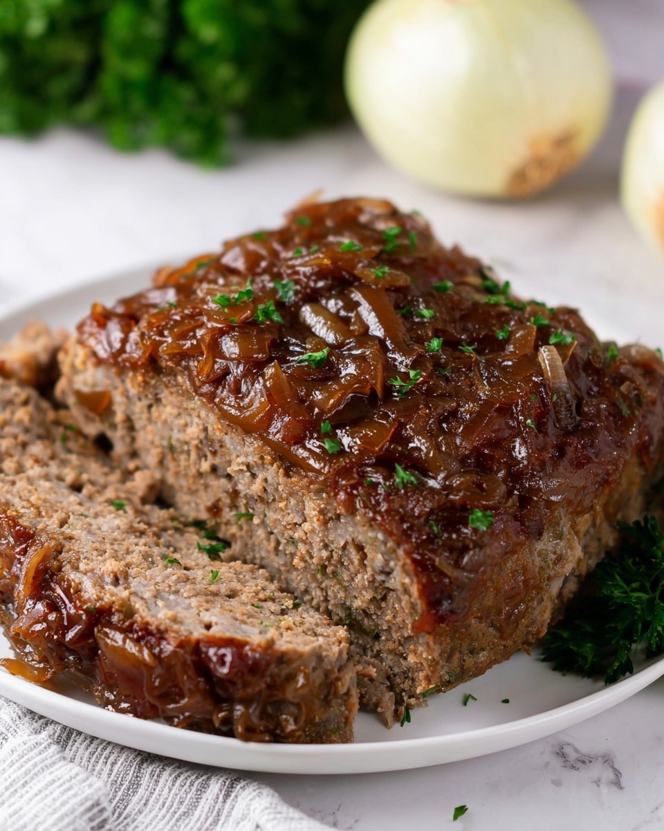 A thick slice of meatloaf sits on a white plate over a white marbled surface, topped with a rich, dark brown layer of caramelized onions that look soft and shiny, sprinkled with small green parsley pieces. Next to the thick slice are more slices of the meatloaf showing a dense, moist interior in a light brown color. In the background, two whole light yellow onions and some green parsley leaves add fresh color. The scene is bright and clear, highlighting the texture of the meatloaf and onions. photo taken with an iphone --ar 4:5 --v 7
