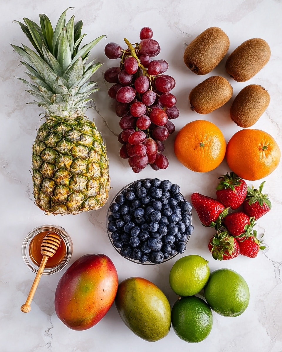 The image shows a variety of fresh fruits placed on a white marbled surface. There is a large pineapple with green spiky leaves on the left side, a bunch of red grapes above the pineapple, and a group of five brown fuzzy kiwis near the grapes. To the right, there are three bright orange tangerines and a cluster of red strawberries with green leaves. In the center, a pile of dark blue blueberries creates a dense mound. Below the blueberries, two green limes sit next to two ripe mangoes with smooth skin in shades of green and red. At the bottom left, a small clear jar of honey with a wooden honey dipper is visible. The photo has natural light and sharp focus, photo taken with an iphone --ar 4:5 --v 7
