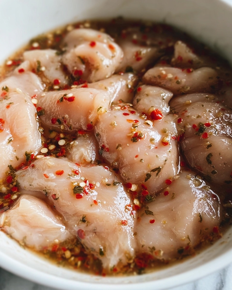 A close-up view of raw chicken pieces in a white bowl, covered in a light brown marinade with visible red chili flakes, black pepper, and small green herbs. The chicken pieces are pale pink with a smooth and moist texture, partially submerged in the shiny, slightly thick marinade that has small bits of spices evenly spread throughout. The background features a white marbled texture. photo taken with an iphone --ar 4:5 --v 7