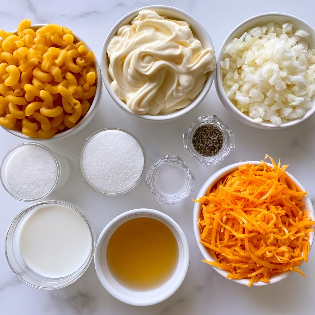 The image shows several small white bowls and clear glass cups arranged neatly on a white marbled surface, each holding different ingredients. One bowl contains elbow macaroni, displaying a bright golden yellow color with smooth curved shapes filling the bowl. Another bowl holds creamy mayonnaise with a thick, slightly swirled texture and a pale off-white color. A bowl of finely chopped white onions shows small, translucent pieces, while another bowl of shredded carrots displays bright orange thin strips filling the bowl. Two small glass cups hold white granulated sugar and milk, each smooth and evenly filled. A small white bowl contains light golden apple cider vinegar with a smooth liquid surface. Two small clear glass shakers contain salt and pepper, with the fine white salt and speckled black pepper visible inside. The whole setting sits on a clean white marbled surface. Photo taken with an iphone --ar 4:5 --v 7