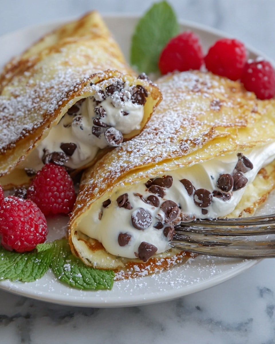 The image shows two folded golden pancakes on a white plate, with one pancake being held by a silver fork. Each pancake has one thick layer of white cream with dark chocolate chips mixed inside and some on the outside edges. The edges of the pancakes are soft and slightly browned, dusted with white powdered sugar. On the plate near the pancakes, there are fresh red raspberries and green mint leaves adding color. The plate is placed on a surface with a white marbled texture. photo taken with an iphone --ar 4:5 --v 7