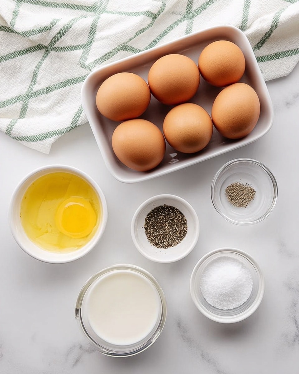 The image shows six brown eggs in a white rectangular container placed in the center on a white marbled surface. Below the eggs are four small white bowls arranged in a row: the left bowl contains yellow melted butter with a shiny, smooth texture; next to it is a bowl with black ground pepper, fine and powdery; followed by a bowl with white salt, crystalline and grainy; the last bowl on the far left contains white milk with a smooth, liquid texture. A white and green striped cloth is laid out in the upper part of the image. Photo taken with an iphone --ar 4:5 --v 7
