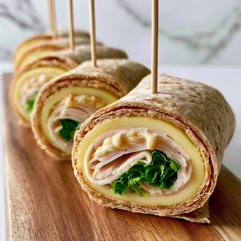 The image shows multiple rolled wraps closely placed together on a white marbled surface, each with three visible layers inside: a light brown whole wheat wrap on the outside, followed by a layer of pale turkey slices, then fresh green lettuce leaves, and finally a layer of pale yellow cheese. The wraps are cut into bite-sized pinwheel shapes, making the spiral inside clear and colorful with soft textures of meat, crisp lettuce, and firm cheese, all tightly rolled to hold their shape. The photo taken with an iphone --ar 4:5 --v 7