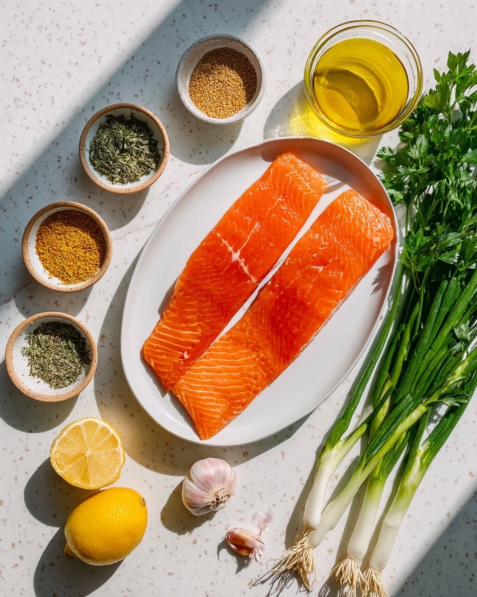 Two large orange salmon fillets with visible white lines lay side by side on a white oval plate placed on a white marbled surface. To the left of the plate, there are four small piles of seasonings in tiny round bowls with one pile of loose yellowish-green spice next to a glass bowl filled with golden olive oil, a bright yellow lemon, and two garlic cloves. On the right side of the plate, there are fresh green parsley and scallions with white roots laying flat on the white marbled surface. The lighting is bright, casting soft shadows around the ingredients, and a woman's hand is absent in the scene. Photo taken with an iphone --ar 4:5 --v 7