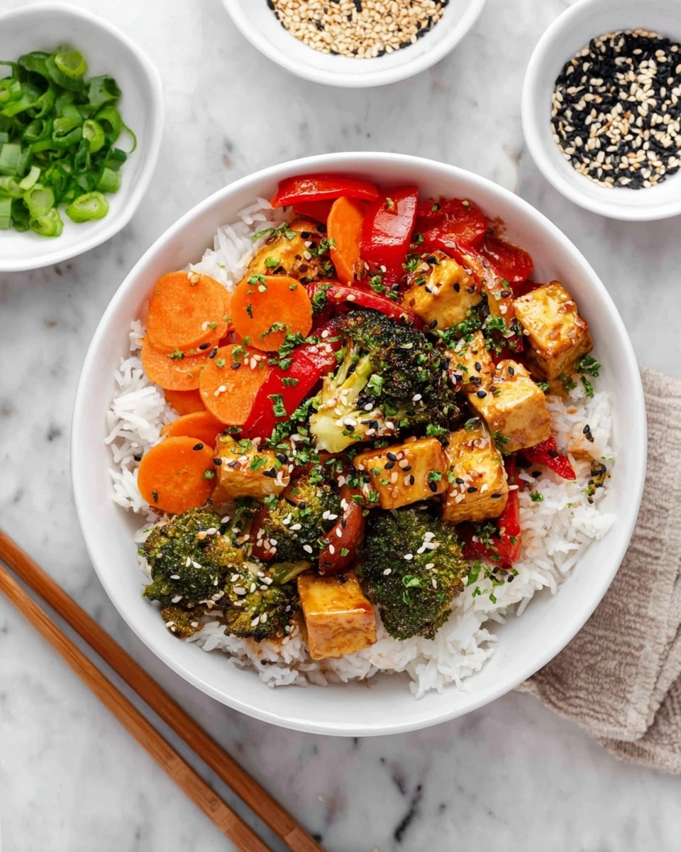 The image shows a black pan filled with stir-fried tofu cubes that are brown with a slightly crispy texture and topped with white and black sesame seeds and small green herbs. Mixed in are bright green broccoli florets with a fresh rough texture, bright orange carrot slices with smooth edges, and small pieces of red bell pepper adding a pop of color. A wooden spoon with a rounded head is resting inside the pan, partly covered by the tofu and vegetables. The background is a white marbled surface. photo taken with an iphone --ar 4:5 --v 7